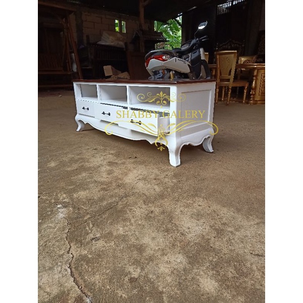 Meja Tv Shabby Minimalis Putih Duco, Buffet Tv Putih Duco, Meja Bufet Tv Putih Duco