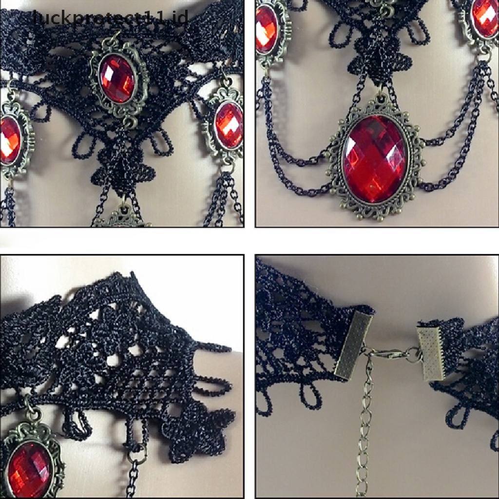 Kalung Choker Lace Hitam Aksen Kristal Merah Untuk Wanita