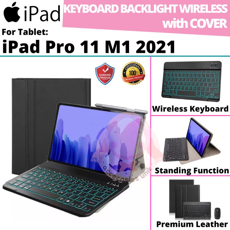 Ipad Pro 11 M1 2021 Book Cover Leather Flip Case Keyboard Backlit Backlight Wireless Keyboard Bluetooth Mouse Silent Click Casing Sarung Kulit