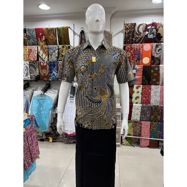 kemeja batik tangan pendek katun motif truntum burung abu