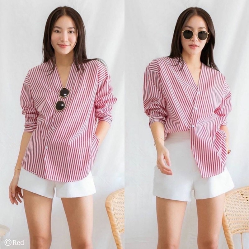 blouse stripe vneck/ atasan casual vneck stripe top Ld 100