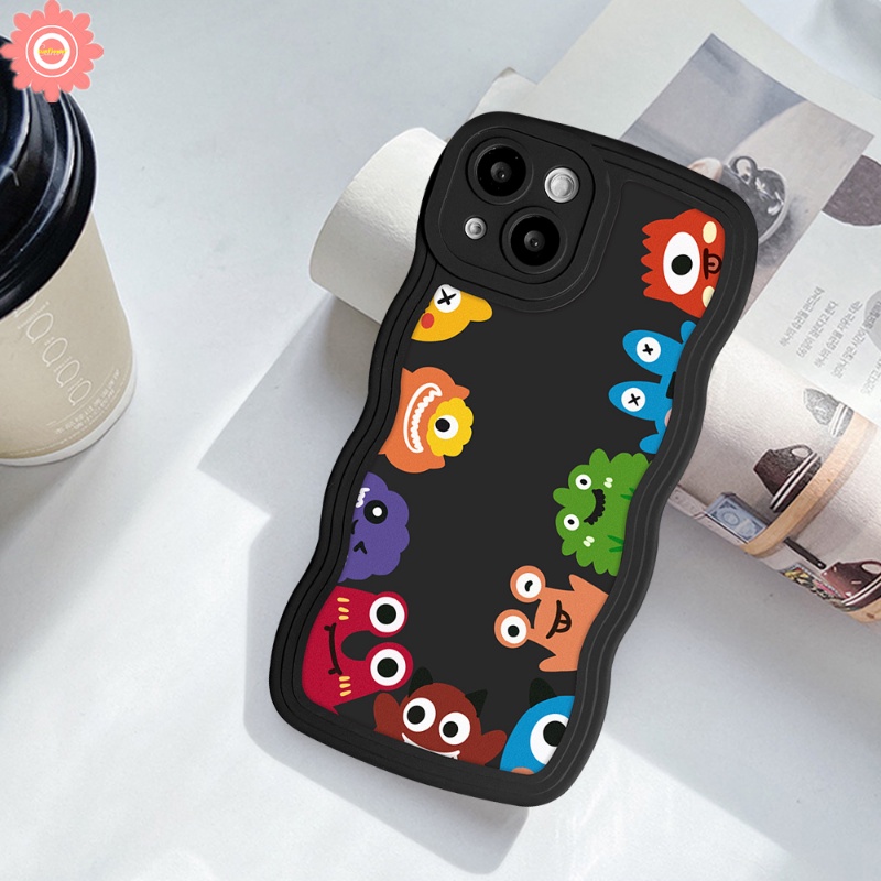 Kartun Lucu Monster Kecil Case Realme C53 10 C15 C11 C30 C33 8i 8 8pro C35 C25 C21Y C25Y 9 9i 5 6i 5i 9pro+7 7i C12 C11 C25s C3 C1 C20A C20 C20A Lembut Wavy Edge Black Case