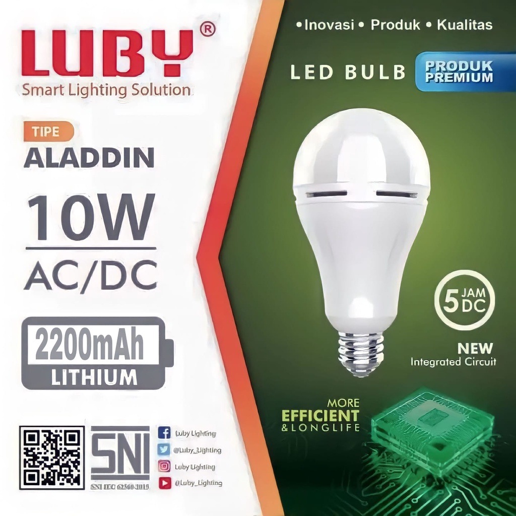 Lampu LED Luby 10W Emergency Aladdin Putih  AC/DC Rechargeable