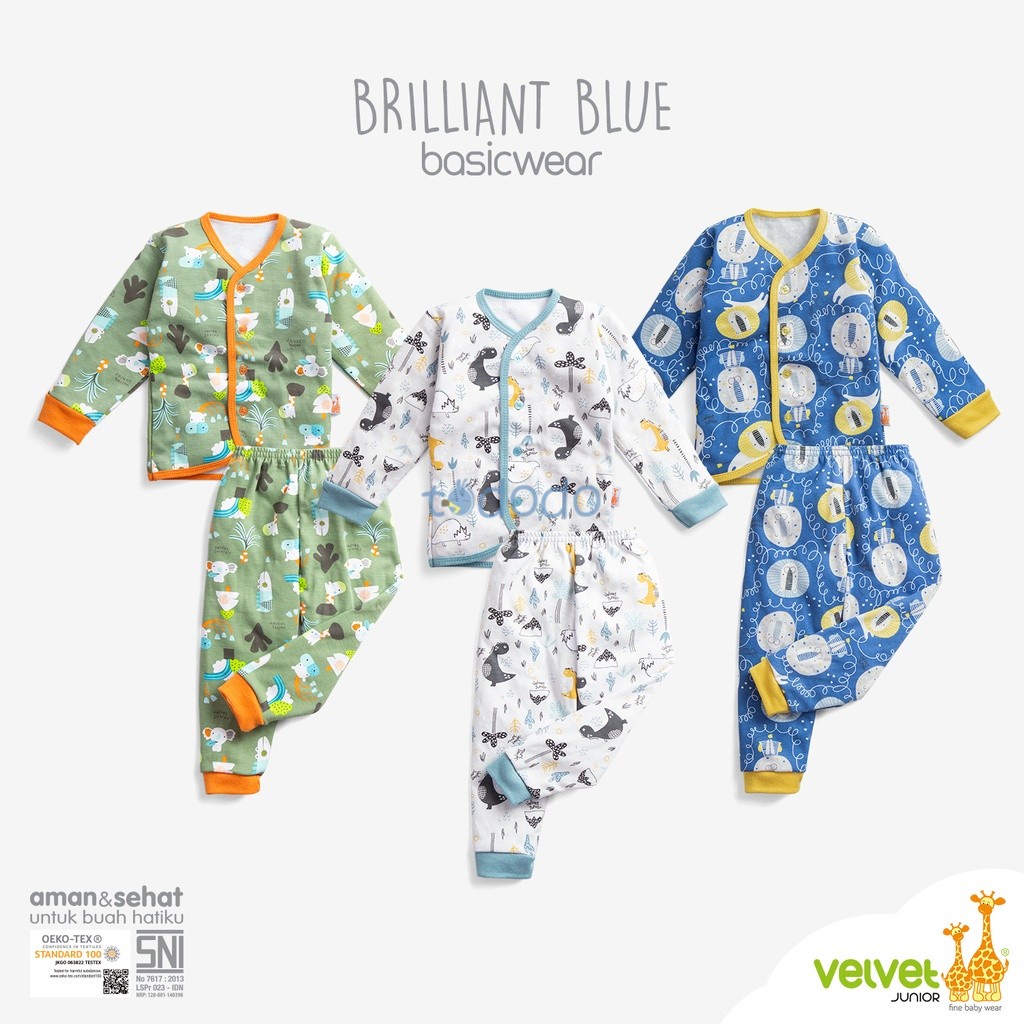 Baju Bayi Piyama Anak Setelan Panjang Kancing Depan Velvet Junior Brilliant Blue 1pcs