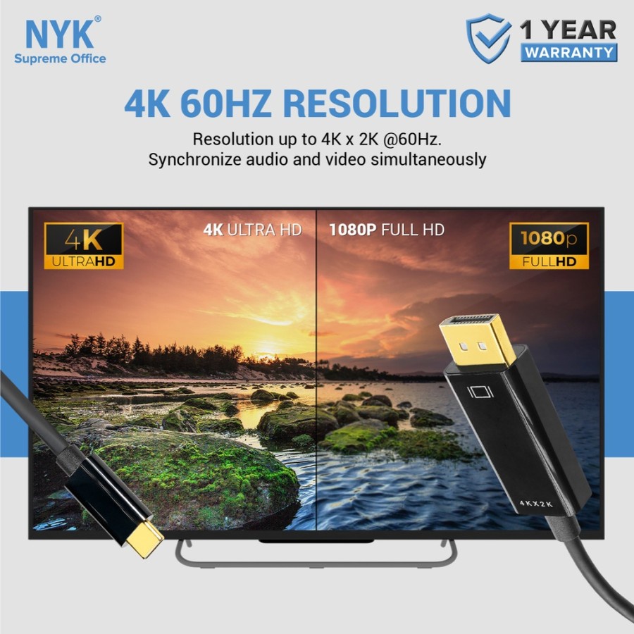 Usb 3.1 Type-c to Displayport Dp Cable Nyk 1.8 meter gold 4k 60hz 5Gbps - Kabel Usb-c to display port 1.8m