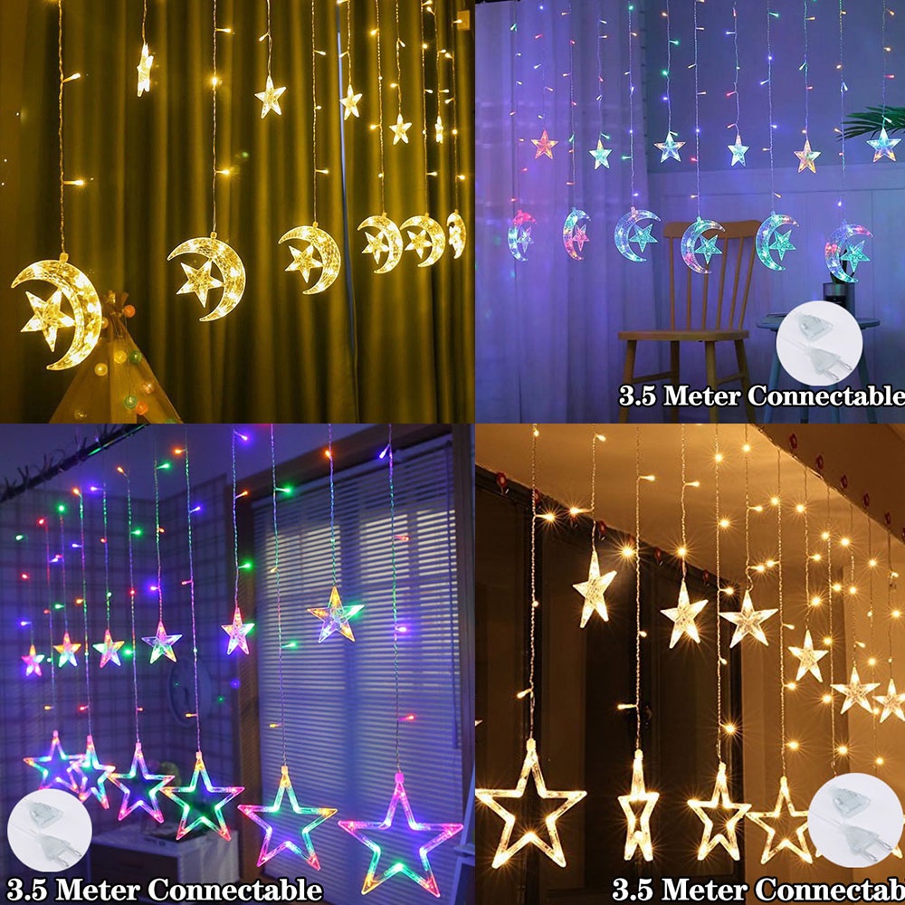 Lampu Natal Tirai LED Bintang - Curtain Light Lamp Star Five Pointed - Lampu Tirai Natal 4M LED Christmas lights Star Moon Curtain String Lights 8 Modes Decorations LED Light Home Holiday Christmas decoration