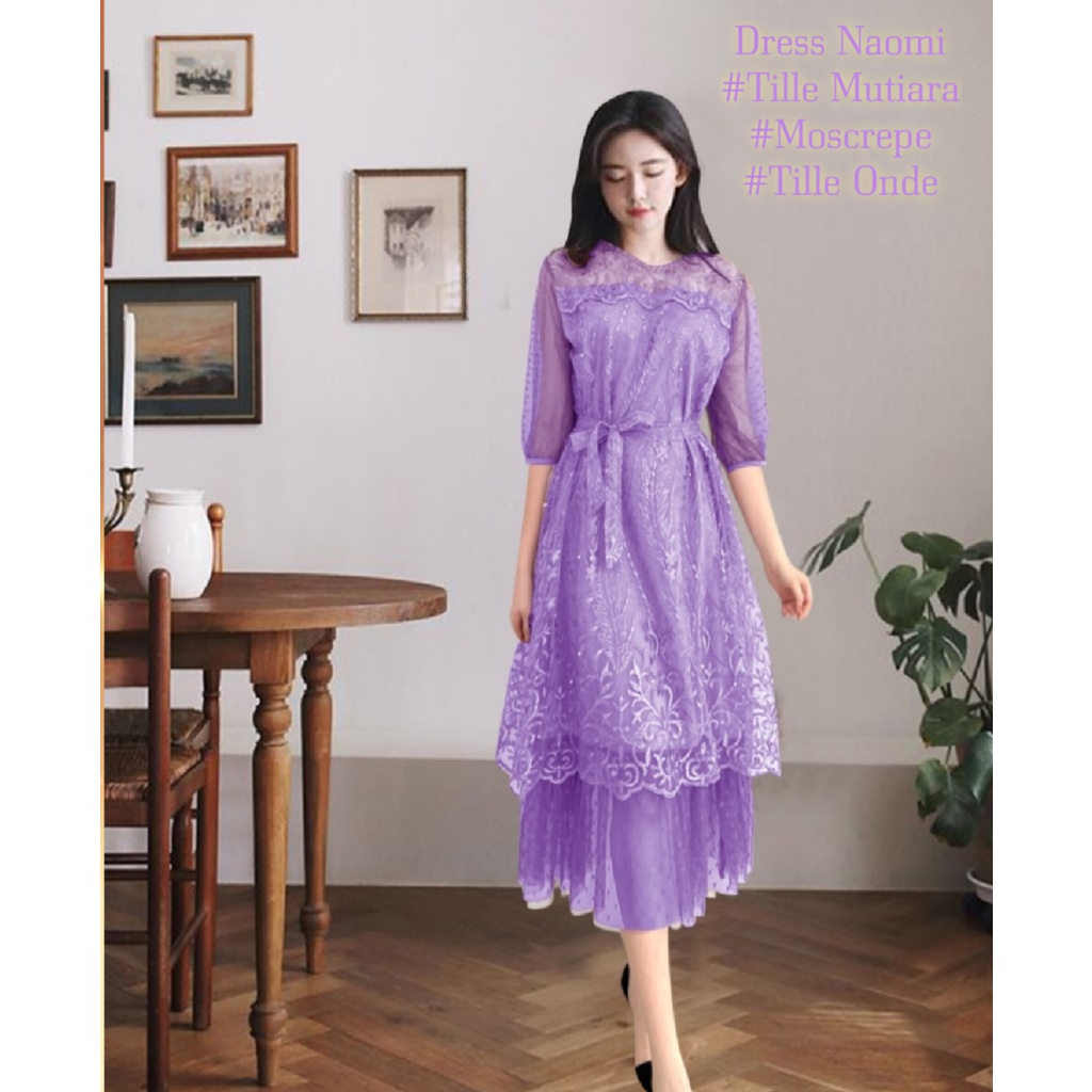 Dress Pesta Wanita Midi Terbaru Elegan/Dress Naomi Size L Mat Brokat Tille Mutiara Mix Moscrepe dan Tille Dot/Dress Kondangan Remaja Kekinian Viral/Good Quality