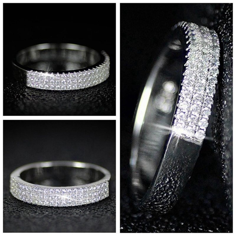 Fancyqube Cincin Kristal Zircon 3 Baris Bentuk Setengah Lingkaran Bling Untuk Wanita
