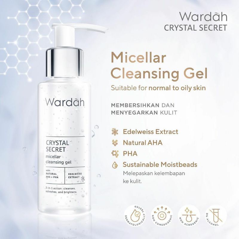 Wardah Micellar Cleansing Gel 95ml Crystal Secret White Seceret Edelweiss 3in1 Action Kristal