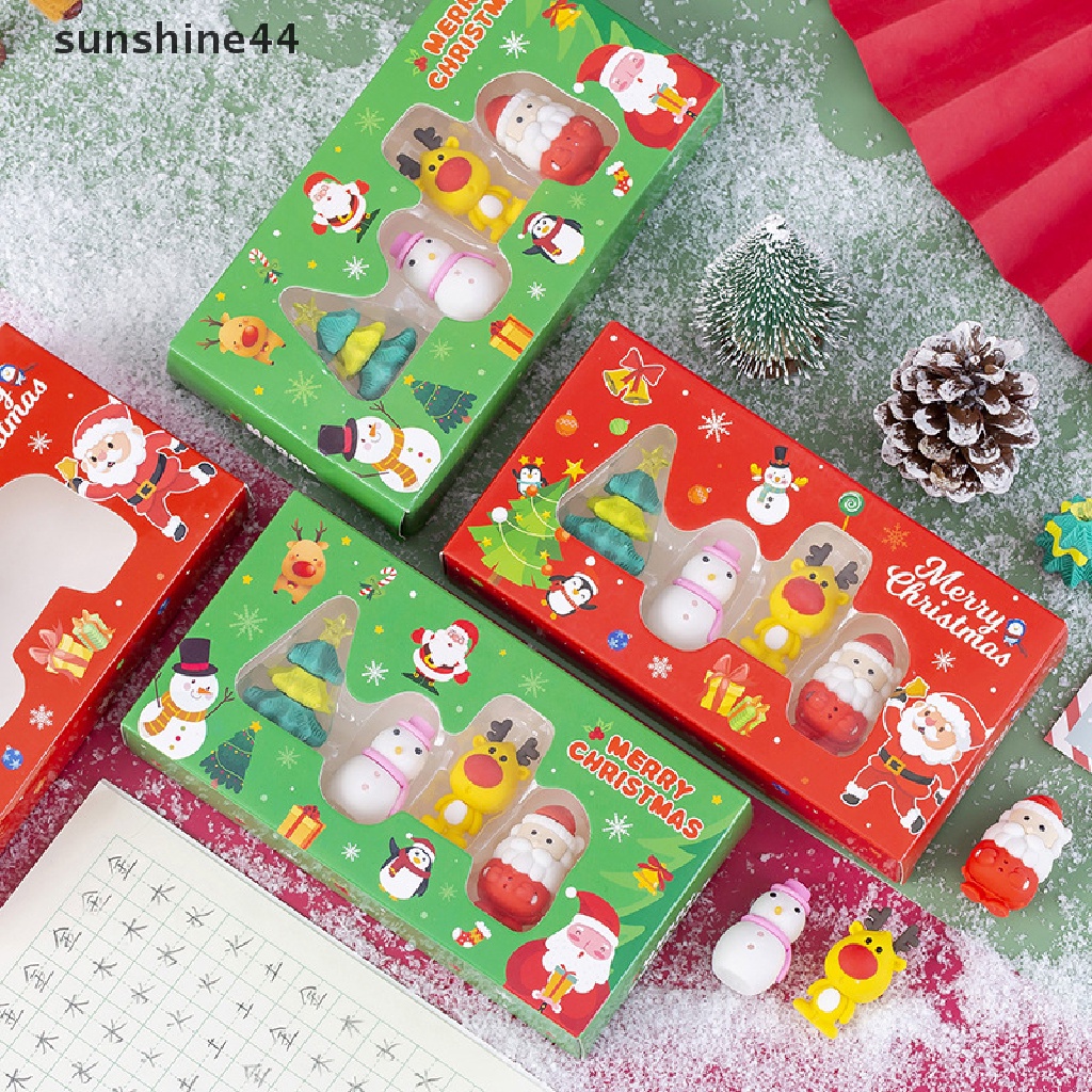 Sunshine 4pcs / Set Penghapus Pensil Motif Santa Claus Natal Untuk Stationery Anak / Sekolah / Kantor