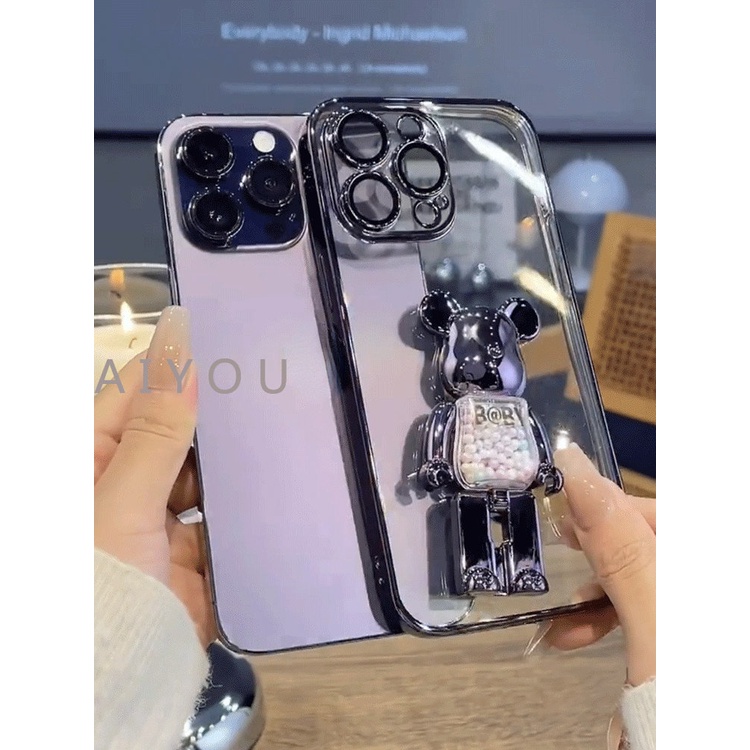 Hard Case Silikon TPU Transparan Electroplated Dengan Stand Beruang Untuk iPhone 14 Pro Max 13 12 Pro Max 14 Plus XR XSMAX 7 8 Plus