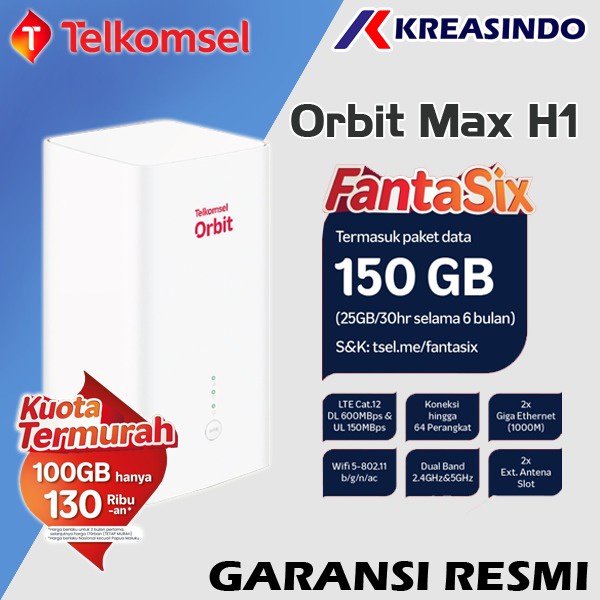 Telkomsel Orbit Max H1 Bonus Data Kuota 150GB B628 Modem Router Wifi Original Garansi Resmi