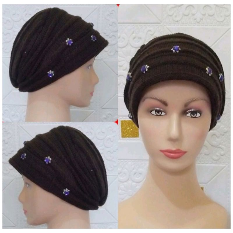 set turban ibu dan syal hangat polos / payet