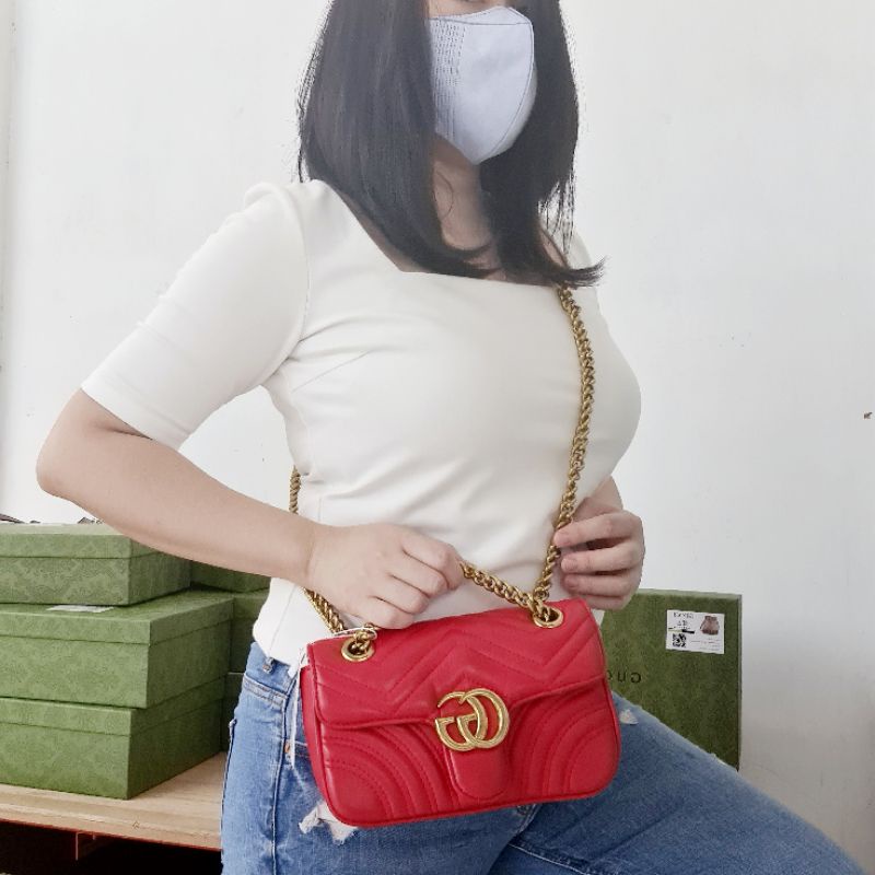 [oline_online] tas wanita selempang kekinian wave motif shoulder marmont 2way convertible small size party size bag gc love red black white gucci