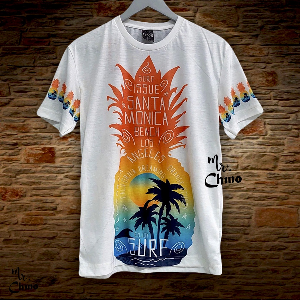 Kaos Pria Distro Motif Pineapple Beach | Kaos Oblong Pria Dewasa | Baju Kaus Putih Hawai Pantai Cowo
