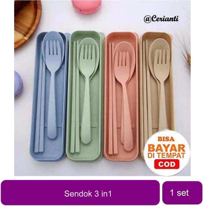 Sendok Set Garpu Sumpit Bahan Jerami / Sendok Set 3 in 1 / Perlengkapan Makan Plastik_Souvenir