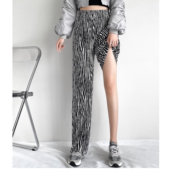 【Blossom】Fashion Striped  Printing High Waist Wide-legged Pants 2433