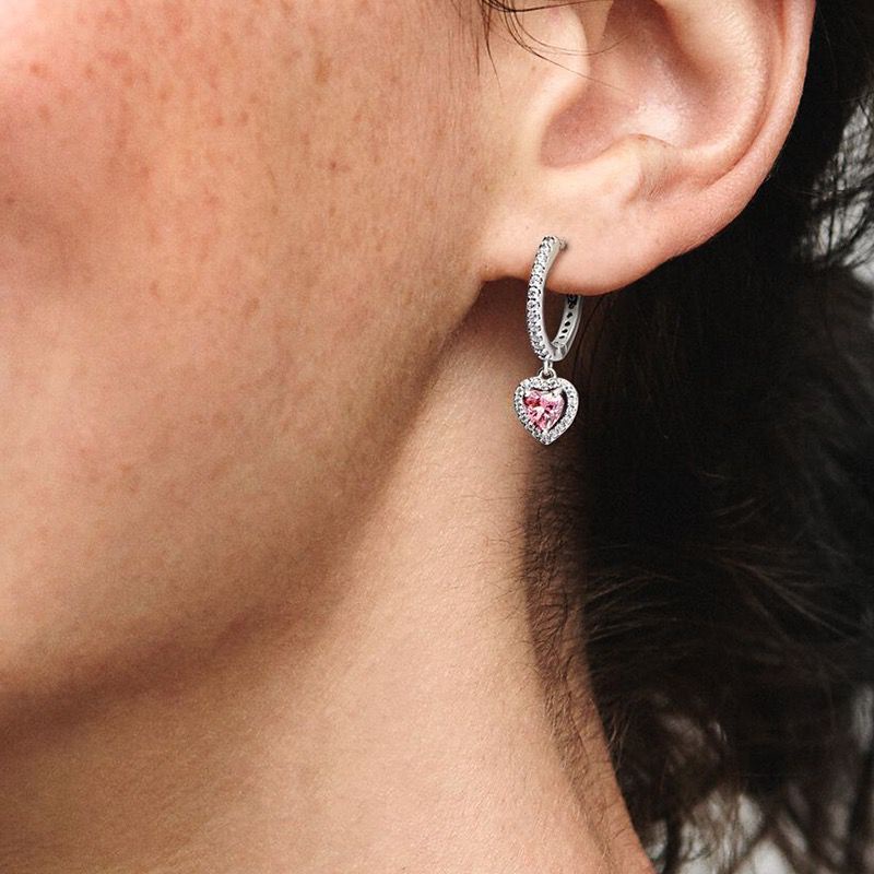 Pandora Anting Tusuk Sterling Silver 925 Desain Hati Hias Cubic Zirconia Pink Untuk Wanita