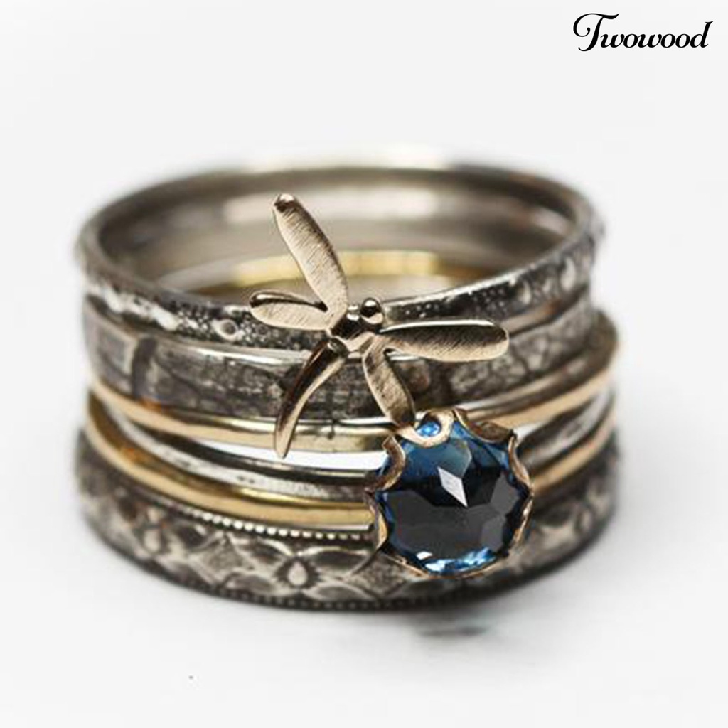 Cincin Jari Multilayer Desain Capung Aksen Kristal Imitasi Warna Biru Gaya Vintage