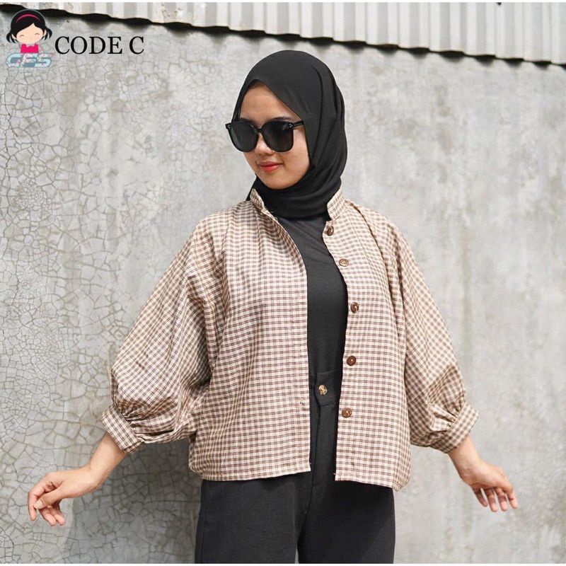 KEMEJA TARTAN WANITA - SINDIE OVERSIZE BATWING WOOD BUTTON SHIRT