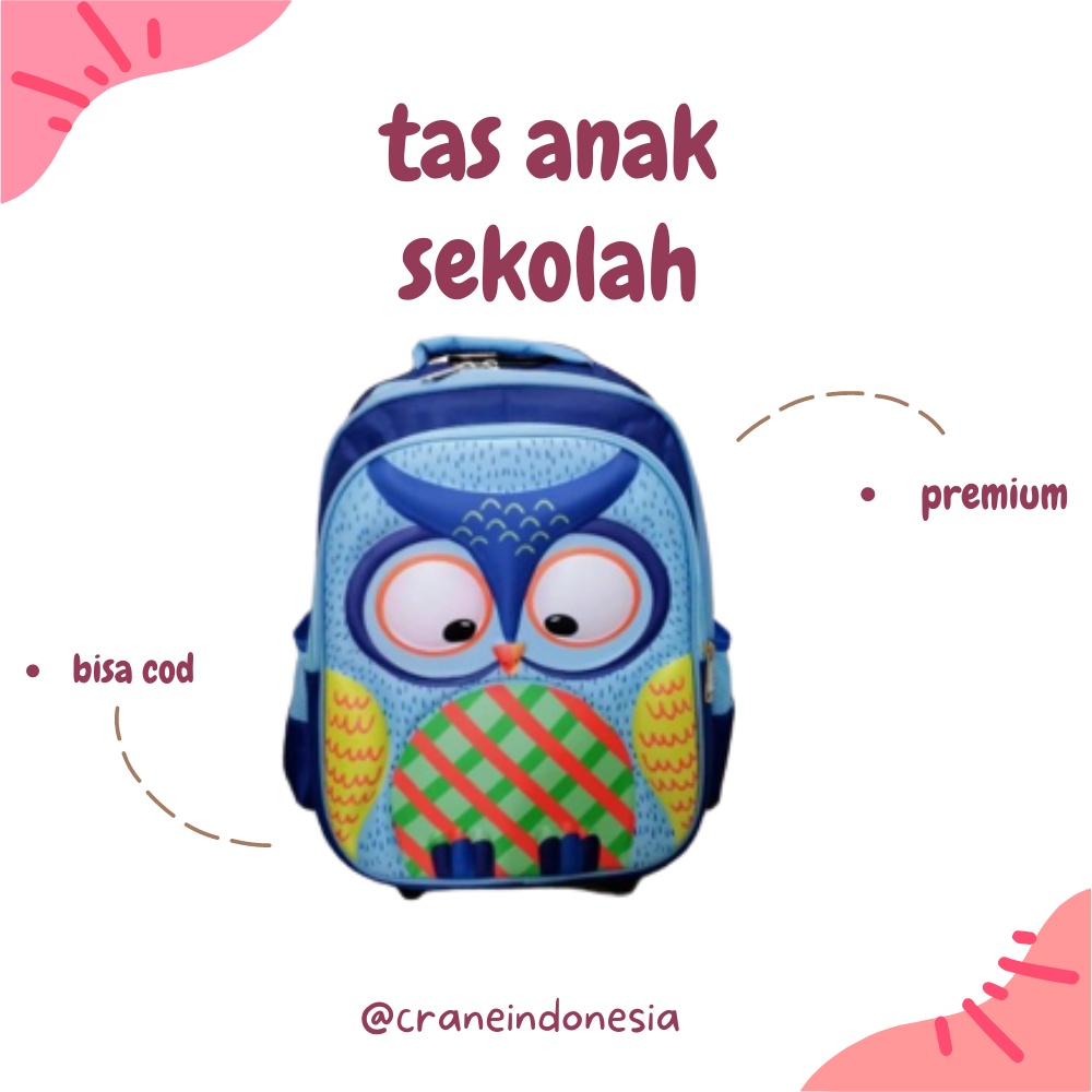 TAS tas trolly dorong ransel sekolah anak SD 15" owl burung hantu timbul3D - Biru(M6W1) tas anak fro