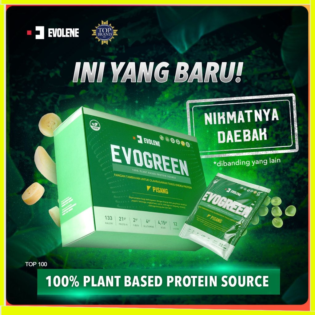 EVOGREEN 1 BOX 12 SACHET PROTEIN EVOLENE PLANT VEGAN EVO GREEN  BPOM HALAL EVO GREEN EVOGREN EVOLINE EVOLEN EVOLINE EVOLEN PISANG COKLAT SURABAYA