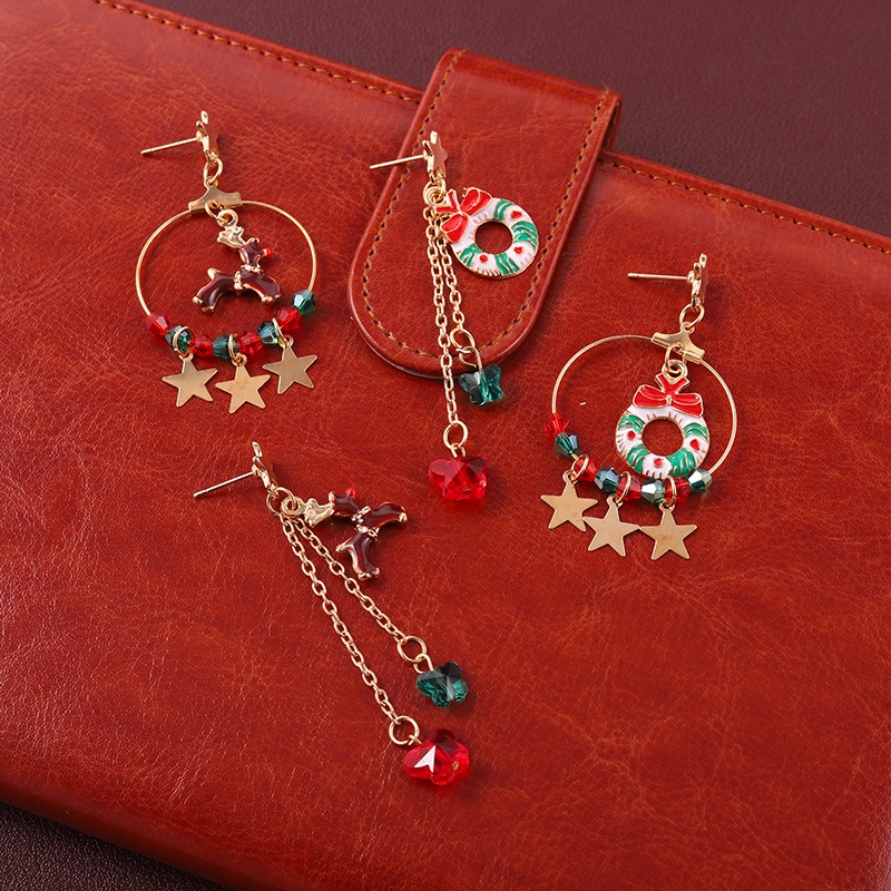 Anting Gantung Panjang Asimetris Model Santa Claus / Pohon Natal / Bintang Untuk Wanita