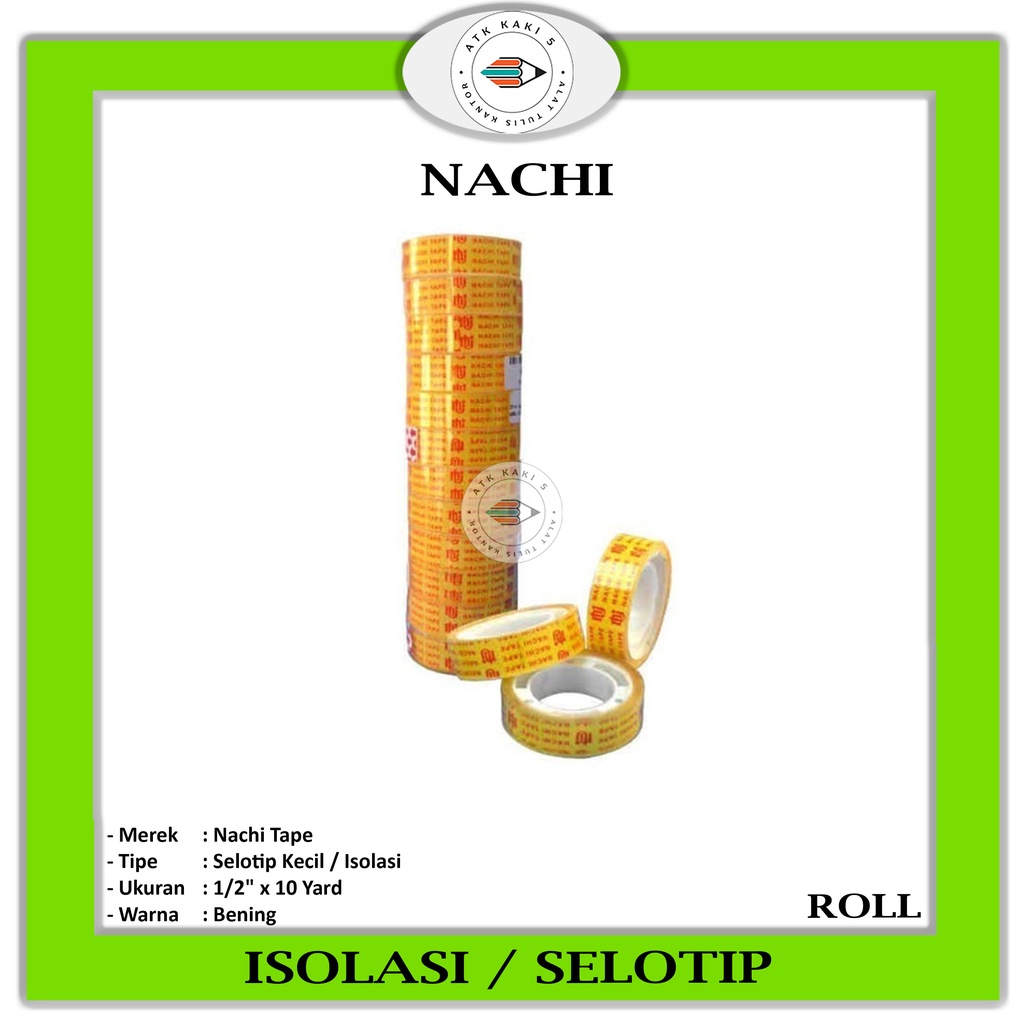 

NACHI - Selotip Kecil / Isolasi 1/2 x 10 Yard - Murah - 12 Roll 1 Slop