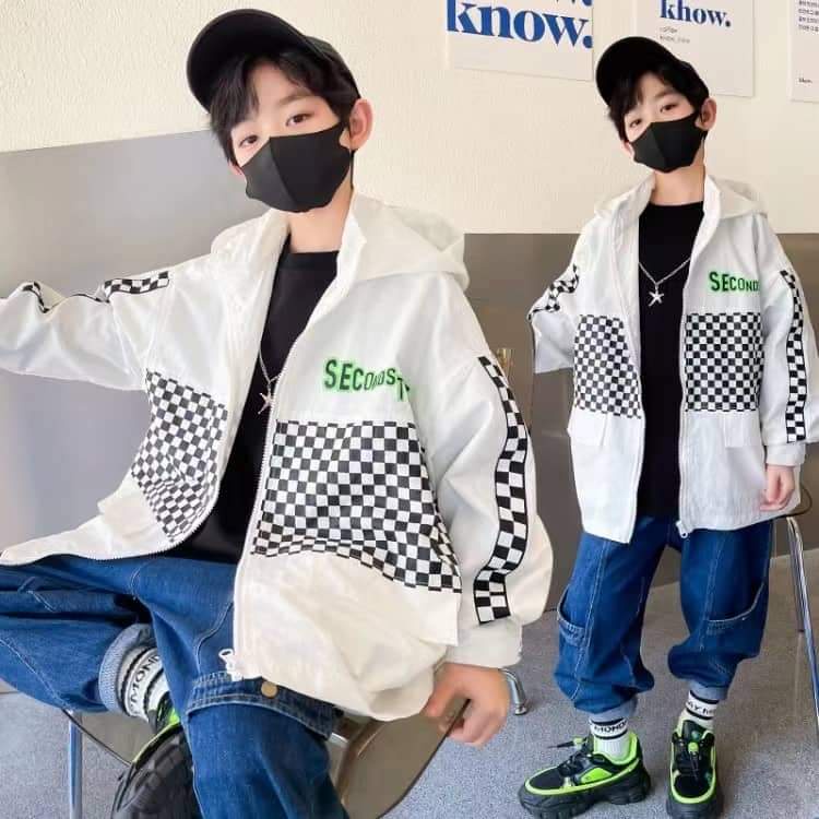Jaket Anak Laki Warna Putih Jaket Kotak-kotak Hitam Korea Style Outer Boy