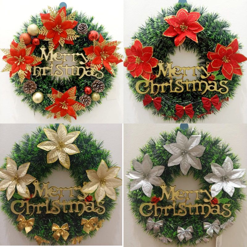 Krans Natal 35 cm Set Komplit Set Hiasan Bunga Daun Gantungan Pintu Wreath Natal.Christmas Gift Murah Ornamen Natal Pita Merah Emas Dekorasi Harga Grosir Termurah