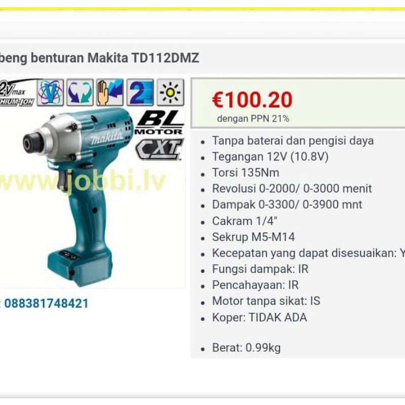 IMPACT DRIVER MAKITA TD 112 TD112 BRUSHLESS 12V MESIN BOR MAKITA