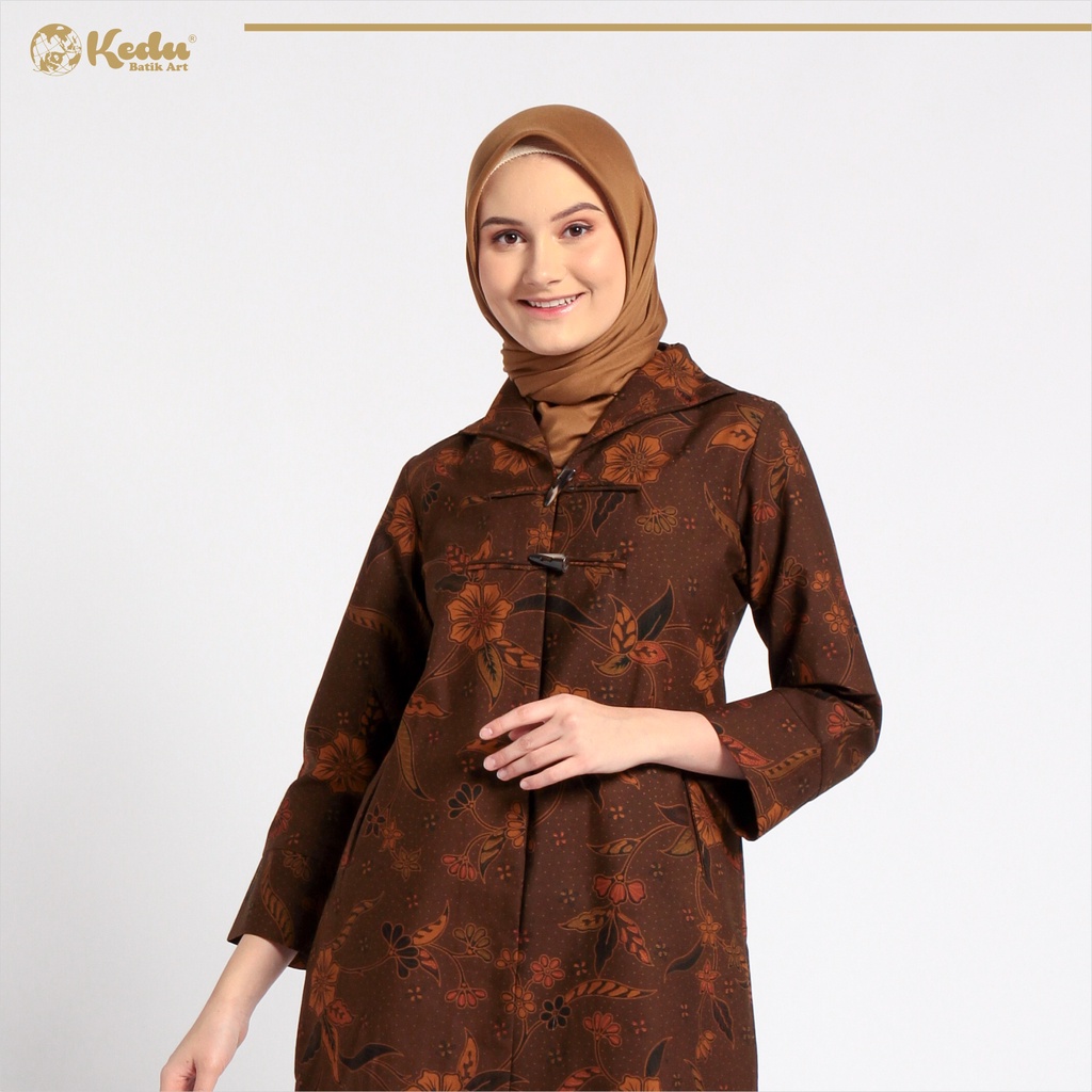 Kedu Batik - Tunik Batik Katun Gading Mawar Putih Abu Tunik Wanita Formal