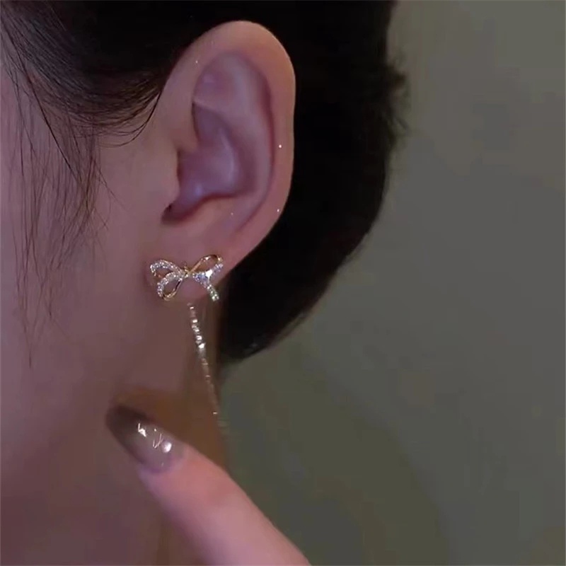 Anting Tusuk Gantung Wanita Desain Pita Hias Zircon Gaya Elegan / Korea Untuk Pesta / Pernikahan