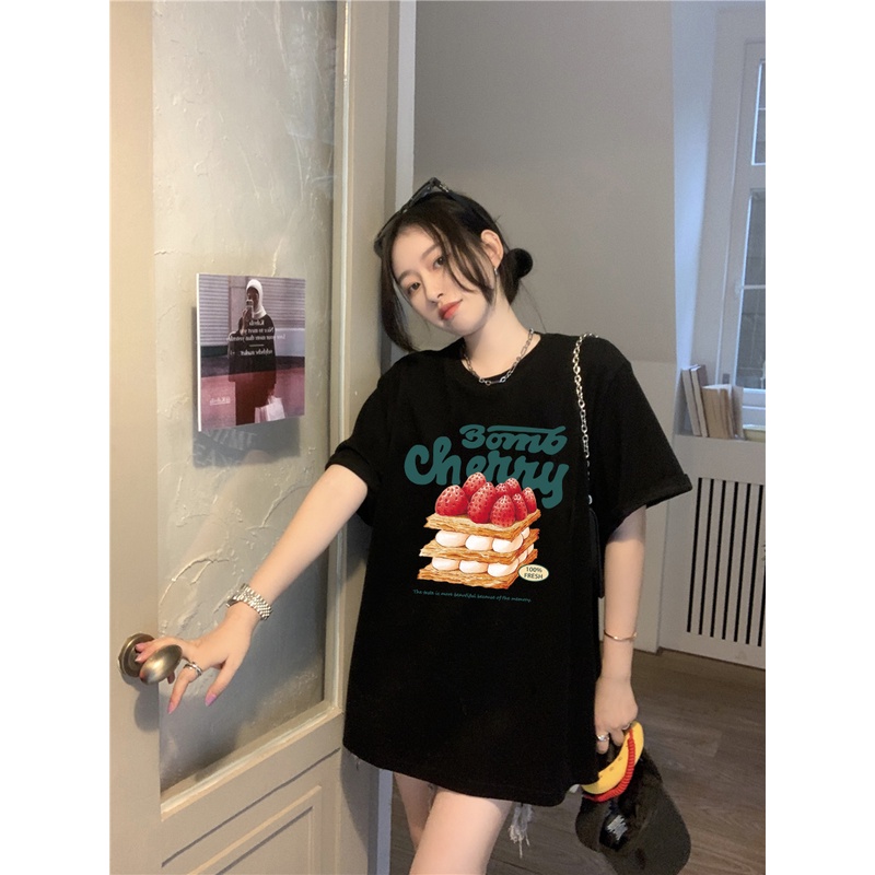 EUNII T-shirt Lengan Pendek Strawberry Cake Korean Style/Kaos Atasan Wanita/Baju Kaus Oversize Wanita/Kaos Wanita