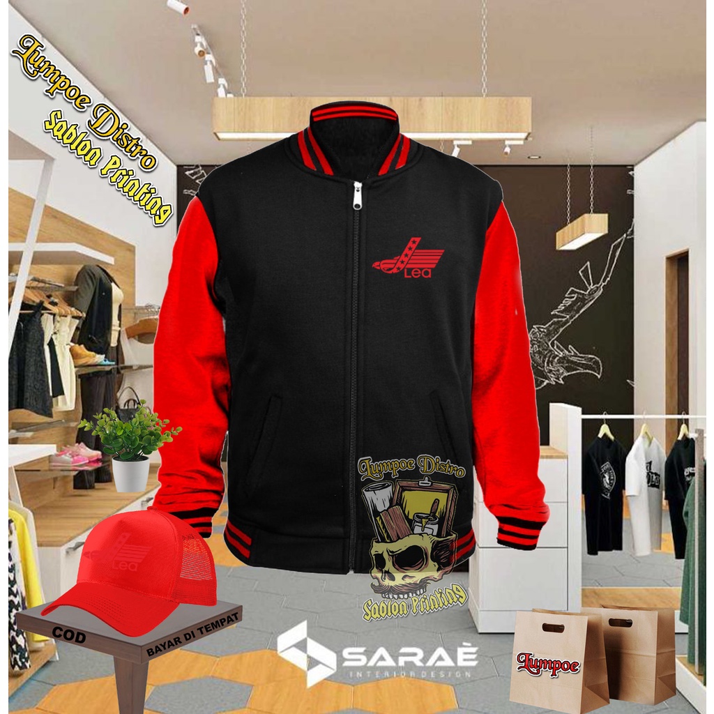 Plus Topi Varsity Keren Leaa Logo Quality Red Premium Baju Tshirt Lengan Tebal Crewneck Branded  Pol
