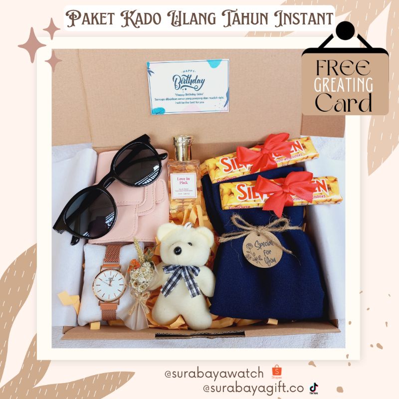 GIFT BOX ULANG TAHUN DOMPET CEWEK HAMPERS SPECIAL UCAPAN Paket Kado Jam Tangan Rantai Pasir Wisuda Pashmina Hijab Kacamata Hitam Parfum Love In Collection Buket Bunga Kering Mini Gantungan Tas Kunci Boneka Graduation Anniversary