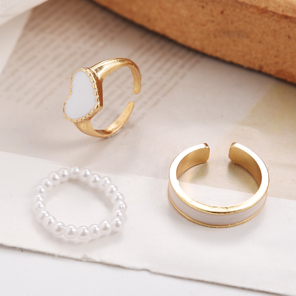 3 Pcs/set Fashion Perhiasan Pesta Cincin Cinta Elegan Wanita Ladies Indah Hadiah Dapat Disesuaikan Terbuka Mutiara Geometris Sederhana Jari Cincin set Enamel Fashion Korea Tidak Teratur