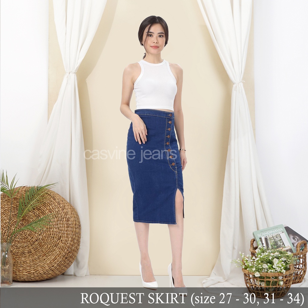 Rok Jeans Wanita Cewek Stretch Kancing 8 Roquest Skirt Ada Bigsize Jumbo