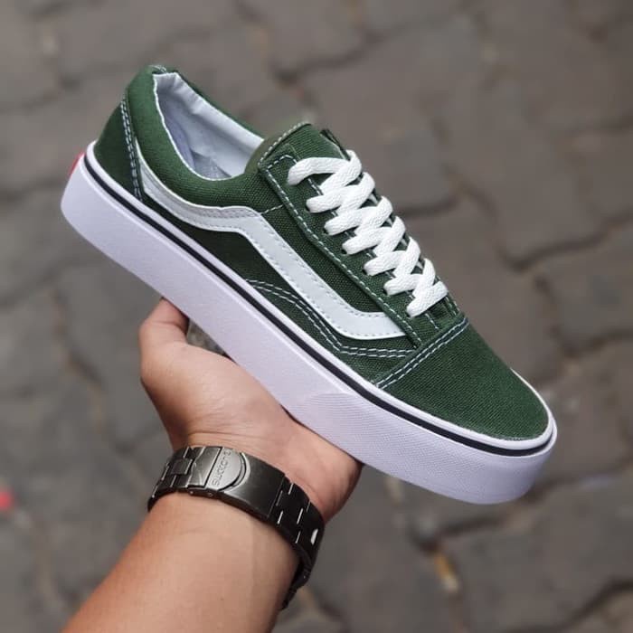 Sepatu Vans Oldskool Hijau Green White Sneakers Pria Kets Ijo Putih Kado Hadiah Sekolah Kuliah Kerja Bonek Green Force Nonton Bola