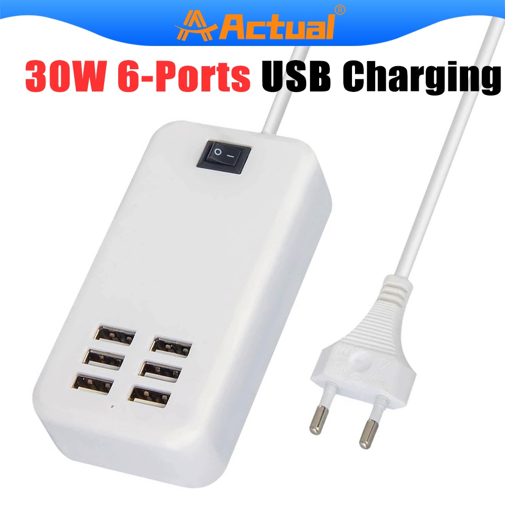Actual【COD】Charger Adaptor 6port 30W Travel Adaptor Usb Charger 6A Rapid Charging Station Mobile Phone Desktop Travel Hub Connectors Extension Sock