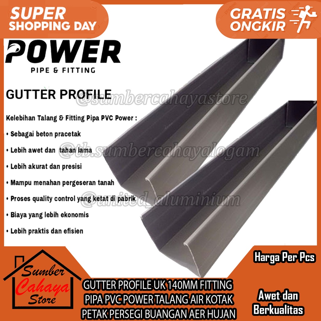 TALANG AIR KOTAK BUANGAN AER HUJAN GUTTER PROFILE UK 140MM FITTING  PIPA PVC POWER PETAK PERSEGI PLA