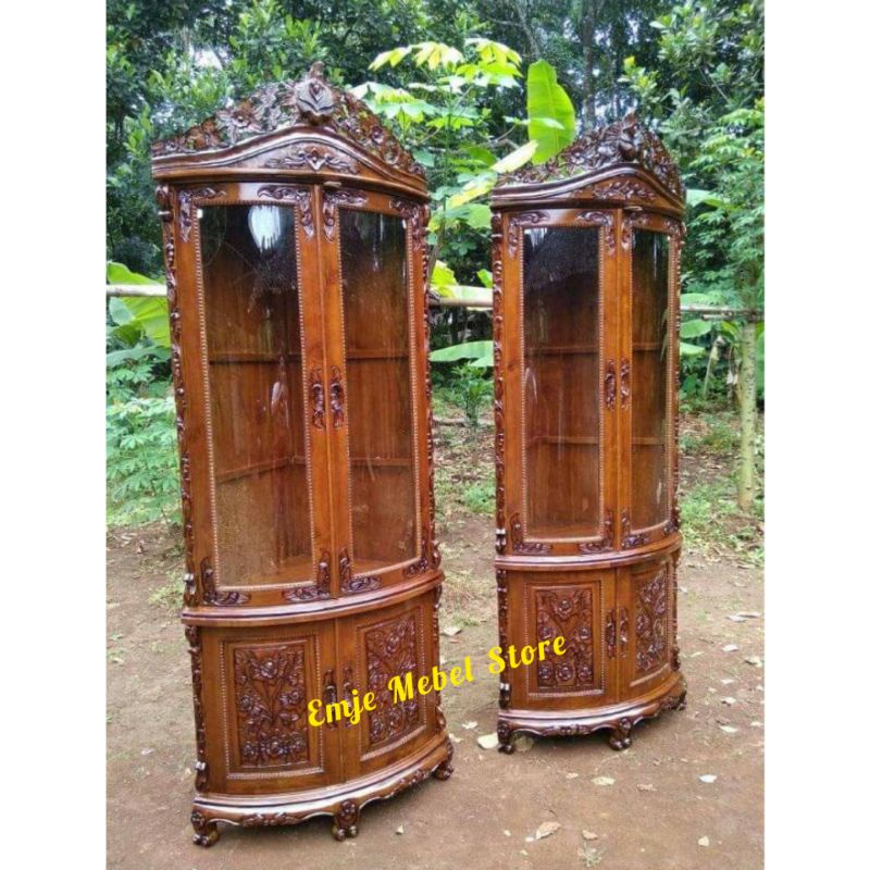 lemari hias sudut jati buffet pajangan kaca
