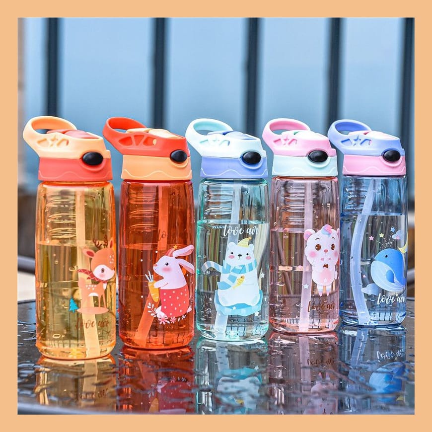 Botol Minum Klip Anak Motif Animal Imut Dengan Sedotan 500ml BPA FREE