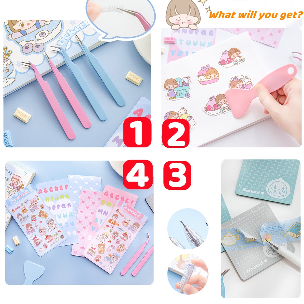 8pcs Scrapbook Tool Set Tweezers Scraper Mini Base Plate Shovel Prevents Sticker Curling Cute Hand Account Diary Decoration Stationery