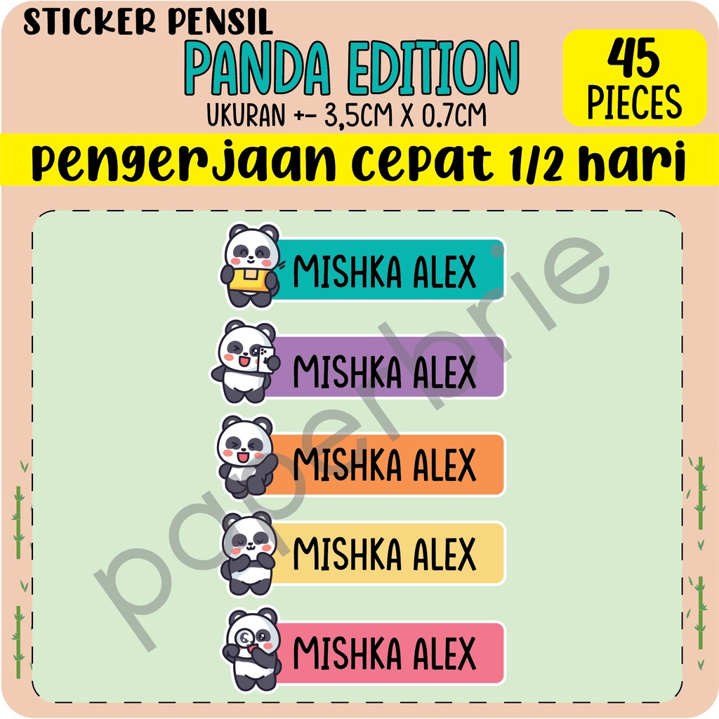 [Sticker Pensil Panda] Sticker Nama Anak pensil buku lucu label nama anak stiker crayon motif Panda lucu