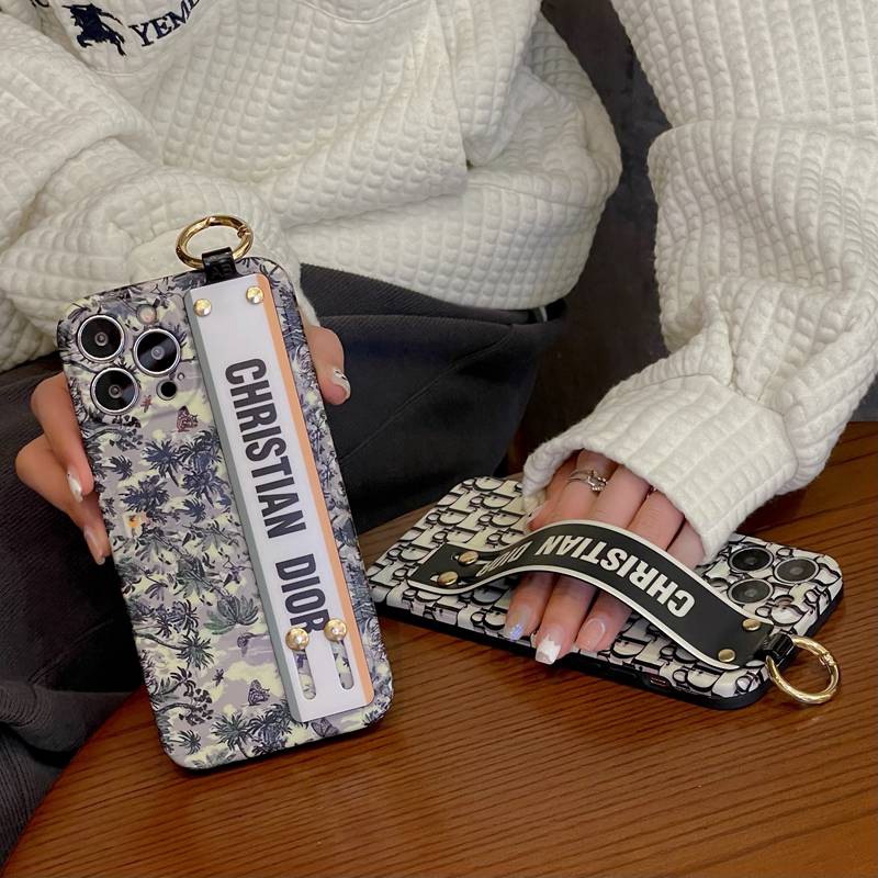 Case Bahan Silikon Motif Christian Dior Leaf Dengan Wristband Untuk IPhone Xr Xs 14 Plus Ip 11 12 13 14 Pro Max