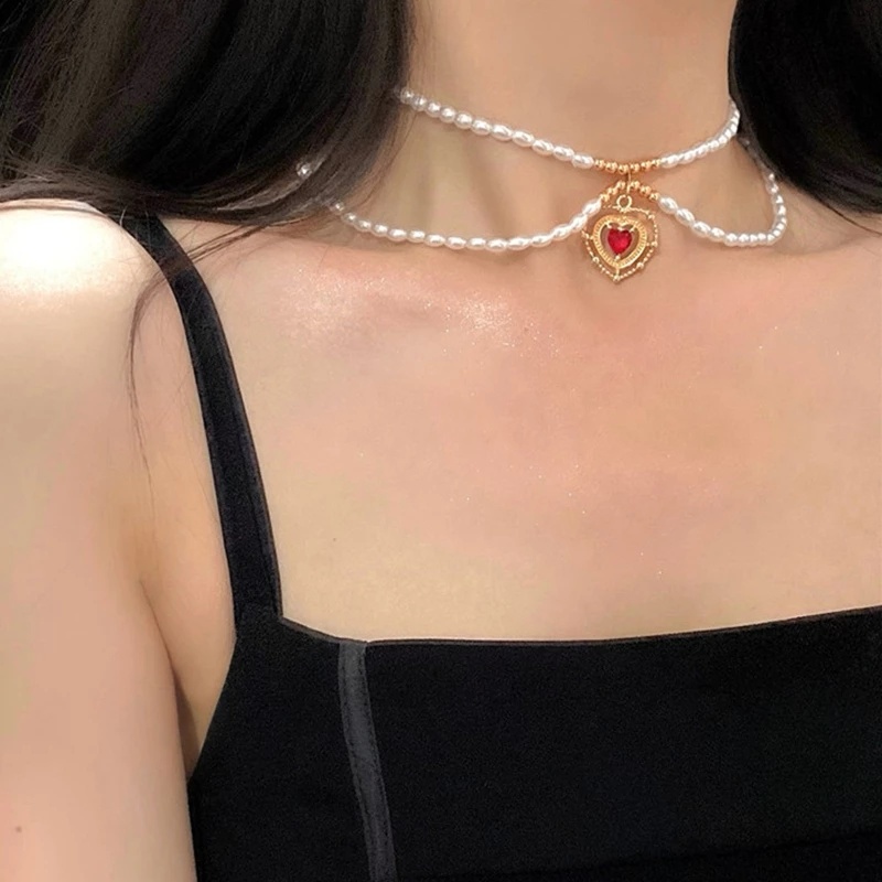 Kalung Rantai Choker Liontin Hati Hias Mutiara Zircon Gaya Vintage Untuk Wanita