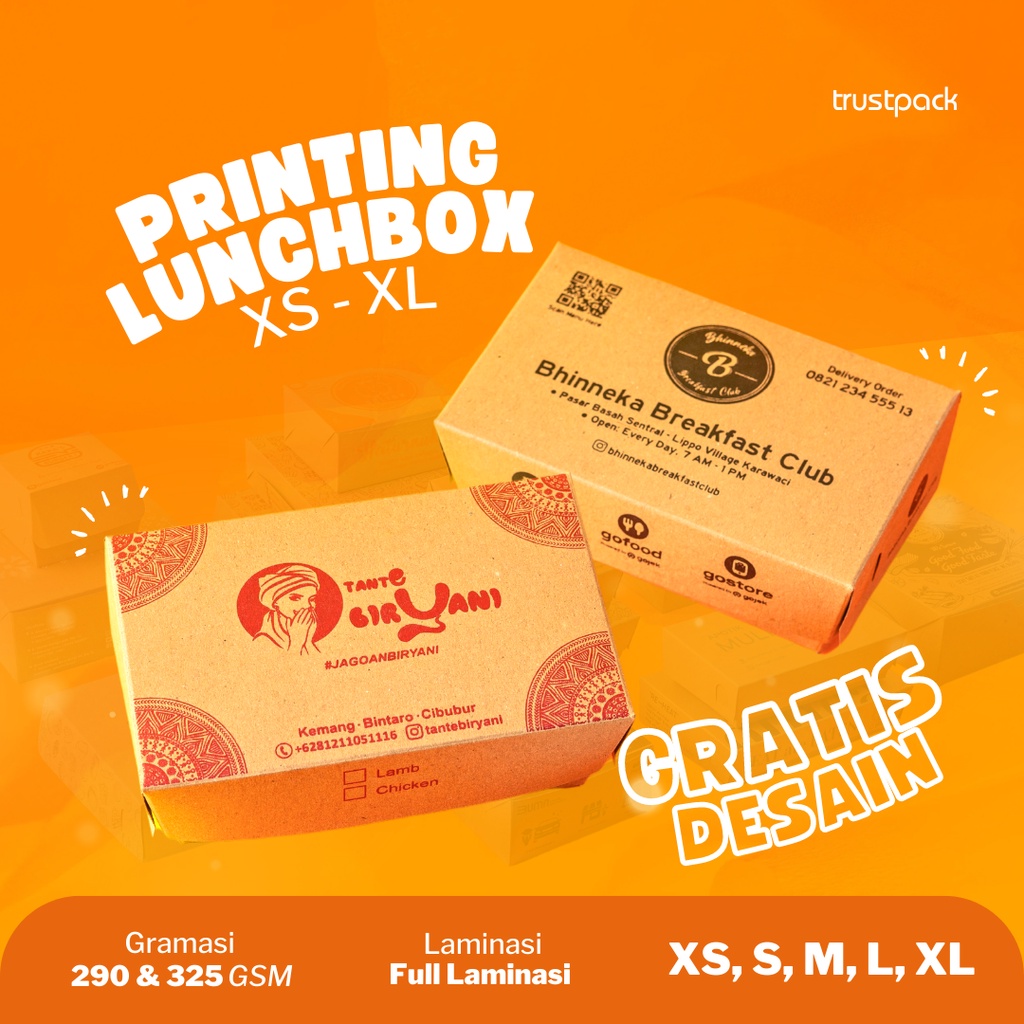 CUSTOM CETAK PRINTING PAPER LUNCH BOX / KOTAK MAKAN KRAFT SIZE XS, S, M, L, XL