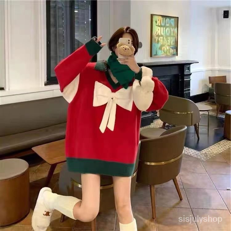 Natal jumper merah wanita musim gugur dan musim dingin 2022 rasa baru desain pengurangan usia manis