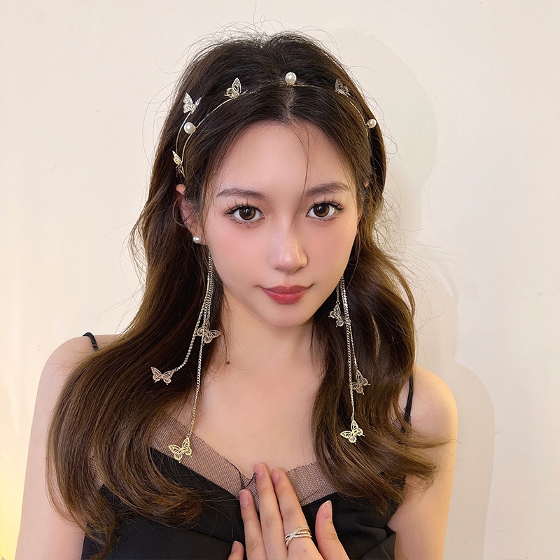 Headband Model Butterfly Rumbai Aksen Mutiara Dan Berlian Bahan Alloy Gaya Korea Untuk Wanita